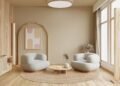 Empty living room in japanese style on empty cream color wall