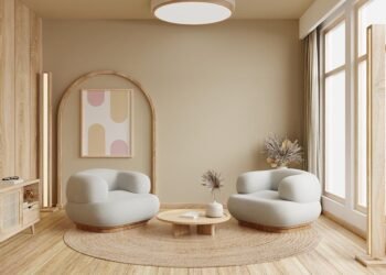 Empty living room in japanese style on empty cream color wall